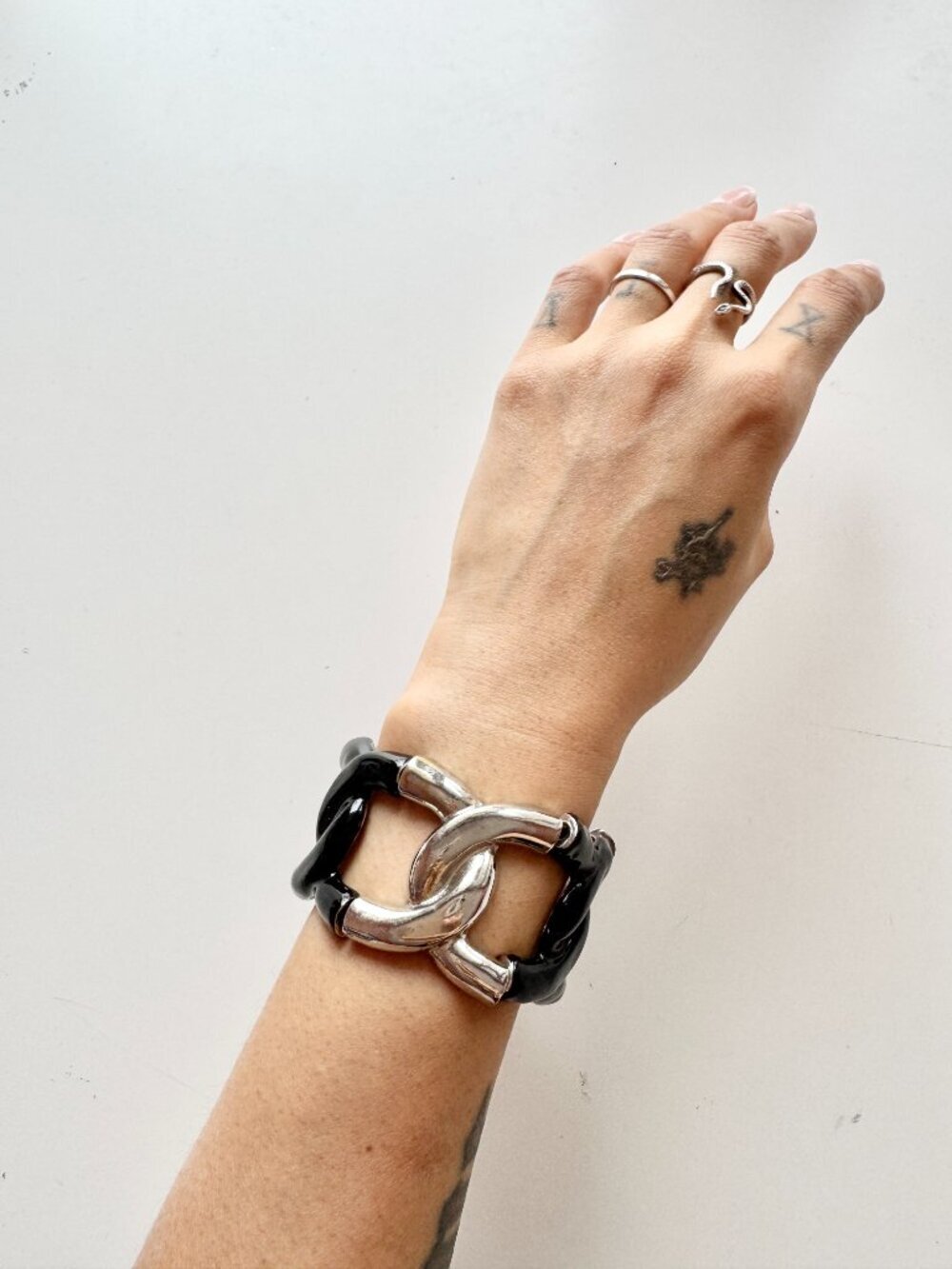 Unbranded Silver Black Chunky Chain Link Stretch Cuff Bracelet